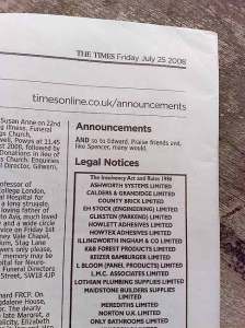 Times Newspaper Announcement - 25 July 2008